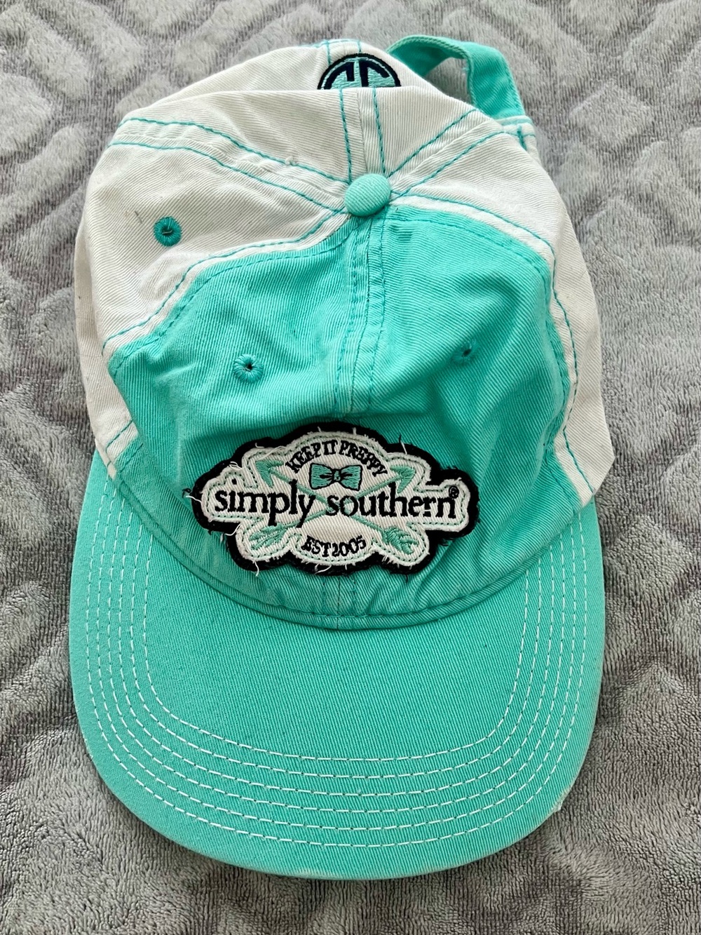 Simply Southern Patchwork Aqua White Baseball Cap Adjustable Preppy Hat